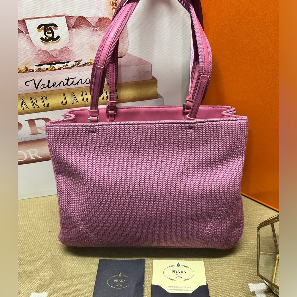 Prada Pink Wool Shoulder Tote Bag w/ Leather Trim on Handle-65AuthenticityCard